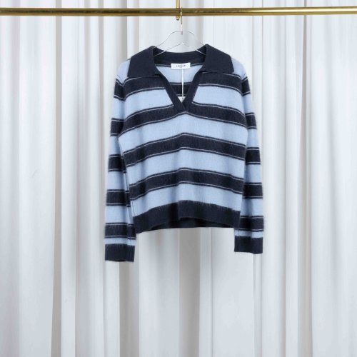 Polo Hals Dames Trui Merino Wol Cashmere Resort Blauw Strepen blue stripes | Bildmaterial bereitgestellt von SHOES.PLEASE.