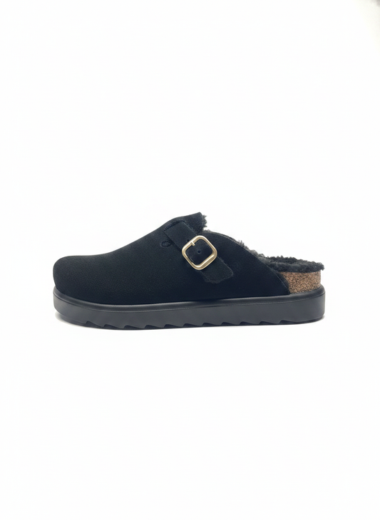 Zueco Plano Serraje negro/negro