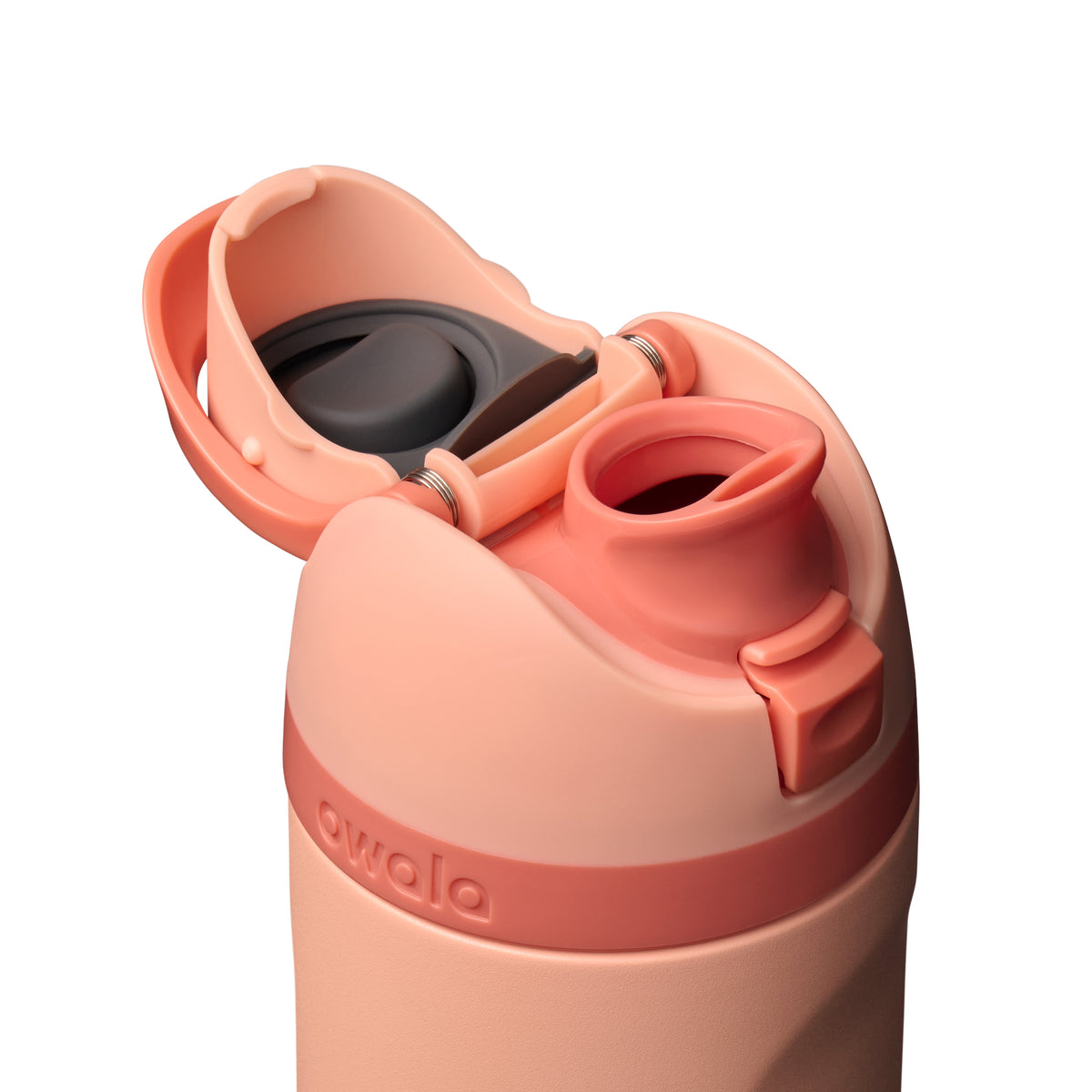 Owala FreeSip Trinkflasche 710 ml in Peach of Mind – geöffneter FreeSip-Verschluss mit Trinköffnung und Strohhalm | Bildmaterial bereitgestellt von SHOES.PLEASE.