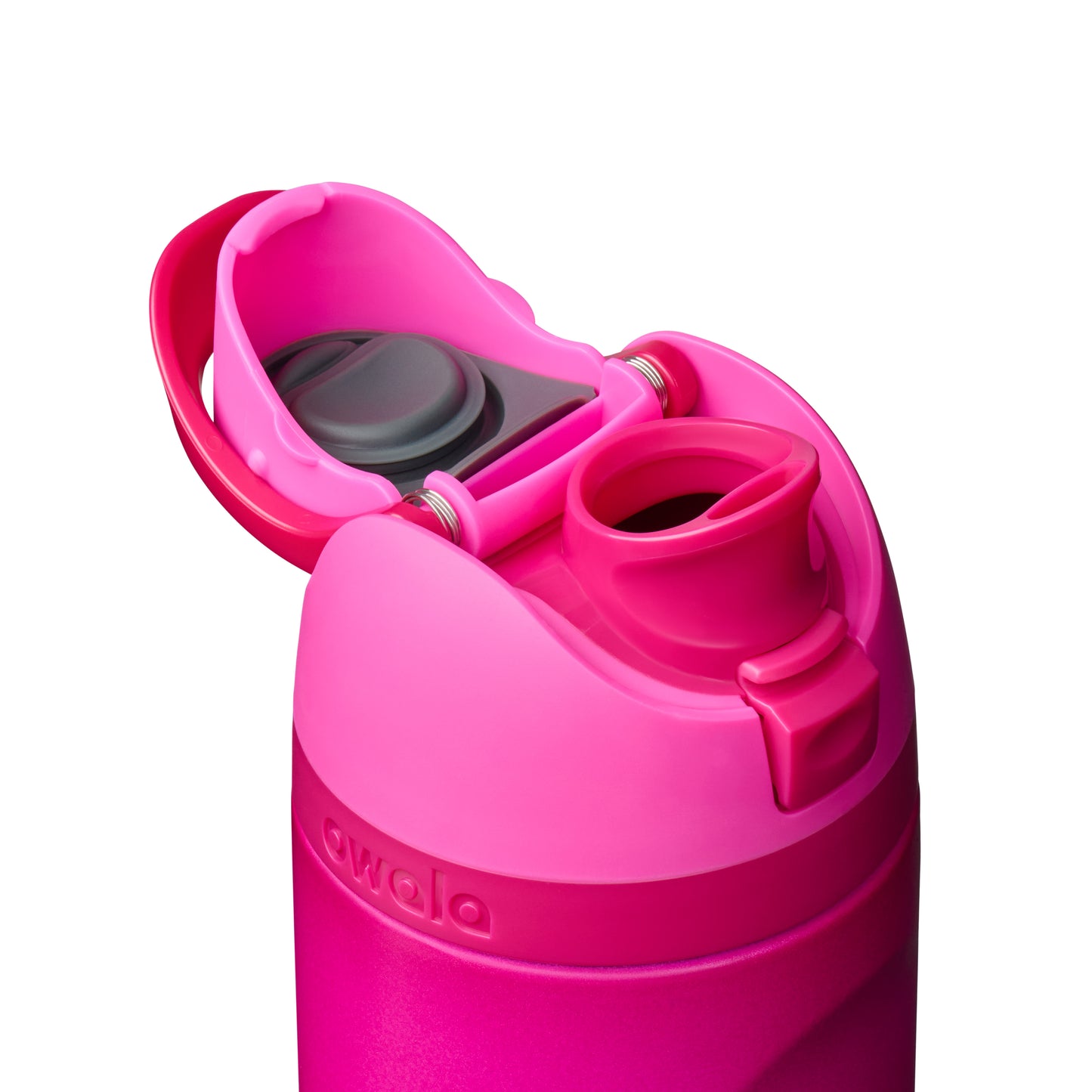 Owala FreeSip Trinkflasche 710 ml in Read My Lips – geöffneter FreeSip-Verschluss mit Trinköffnung und Strohhalm | Bildmaterial bereitgestellt von SHOES.PLEASE.