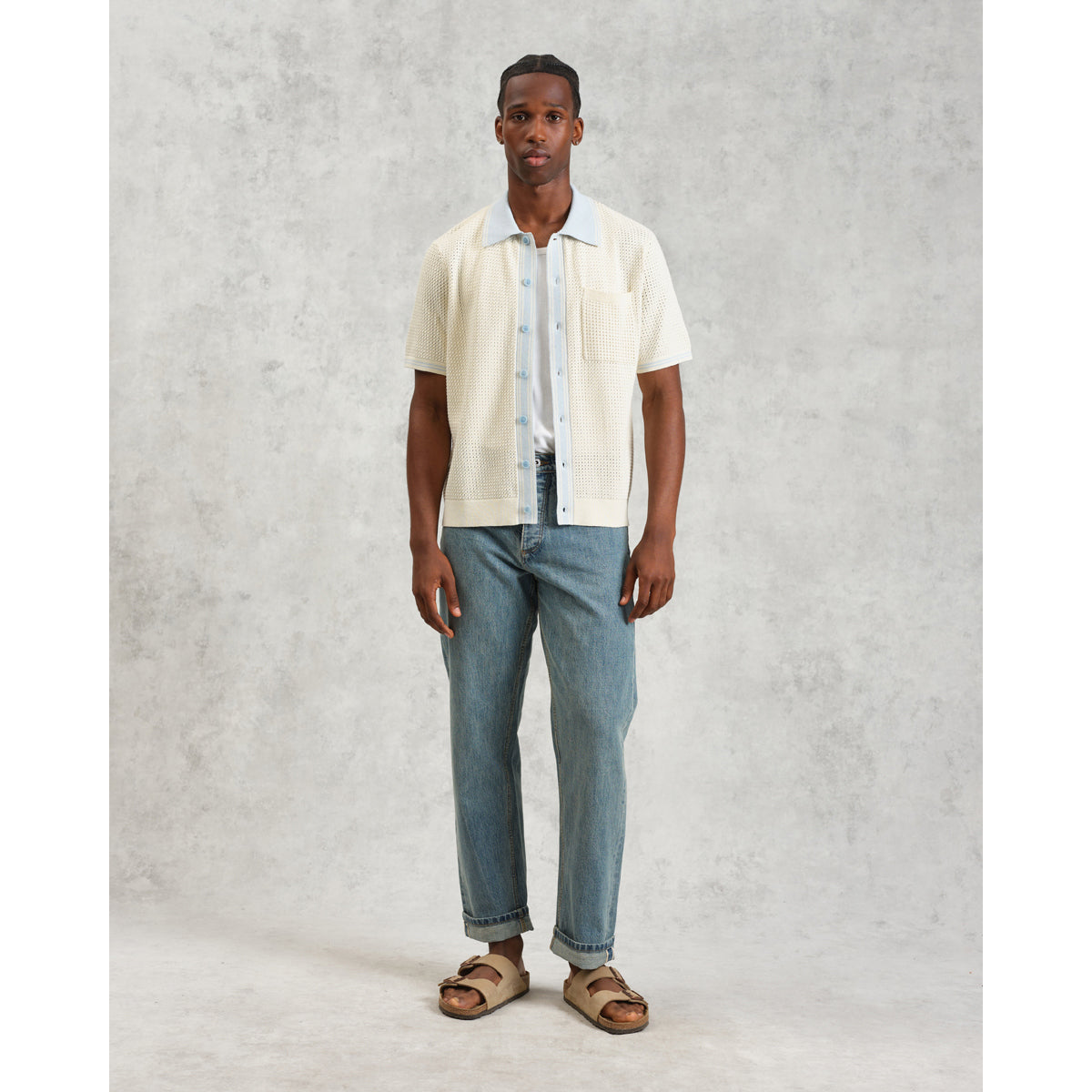 BELLE SS SHIRT TIPPED POINTELLE ecru / pale blue | Bildmaterial bereitgestellt von SHOES.PLEASE.